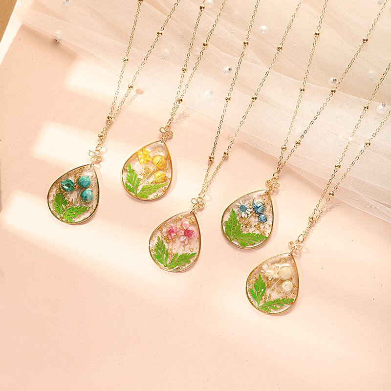 Resin Pressed Flower Necklaces - Gold Foil Tulip & Ferns-CALLISTARI