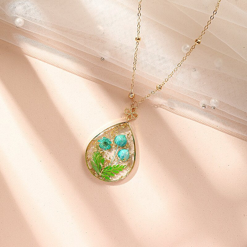 Resin Pressed Flower Necklaces - Gold Foil Tulip & Ferns-CALLISTARI