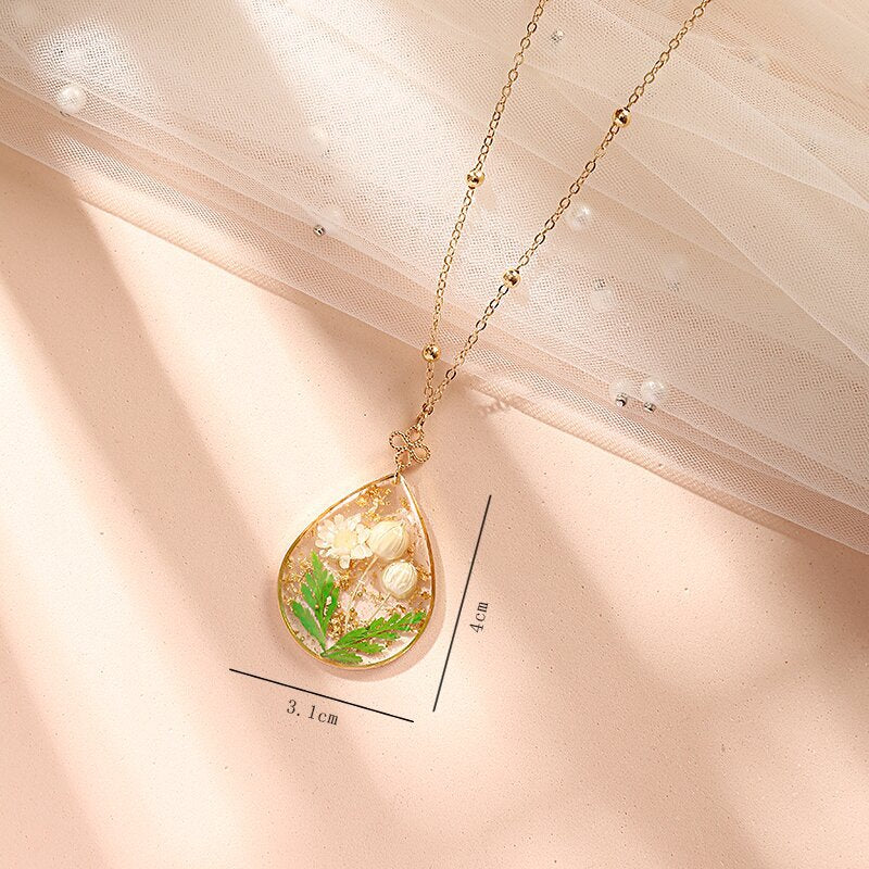Resin Pressed Flower Necklaces - Gold Foil Tulip & Ferns-CALLISTARI