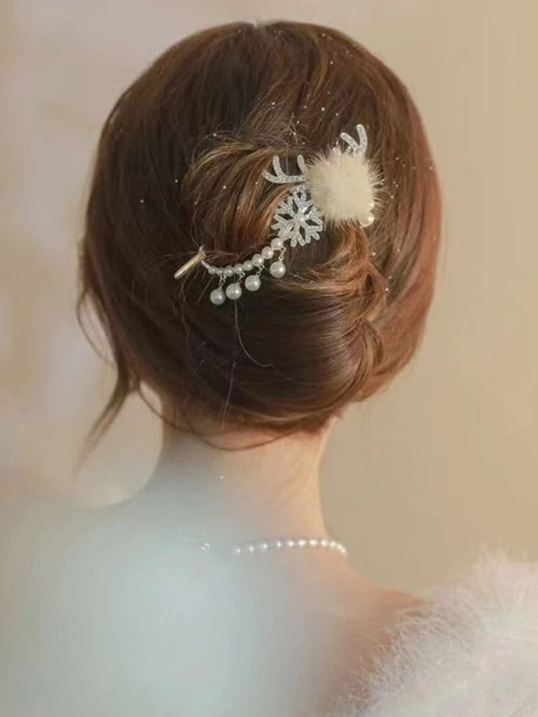 Deer Antler Pearl Rabbit Fur Hair Clip-CALLISTARI