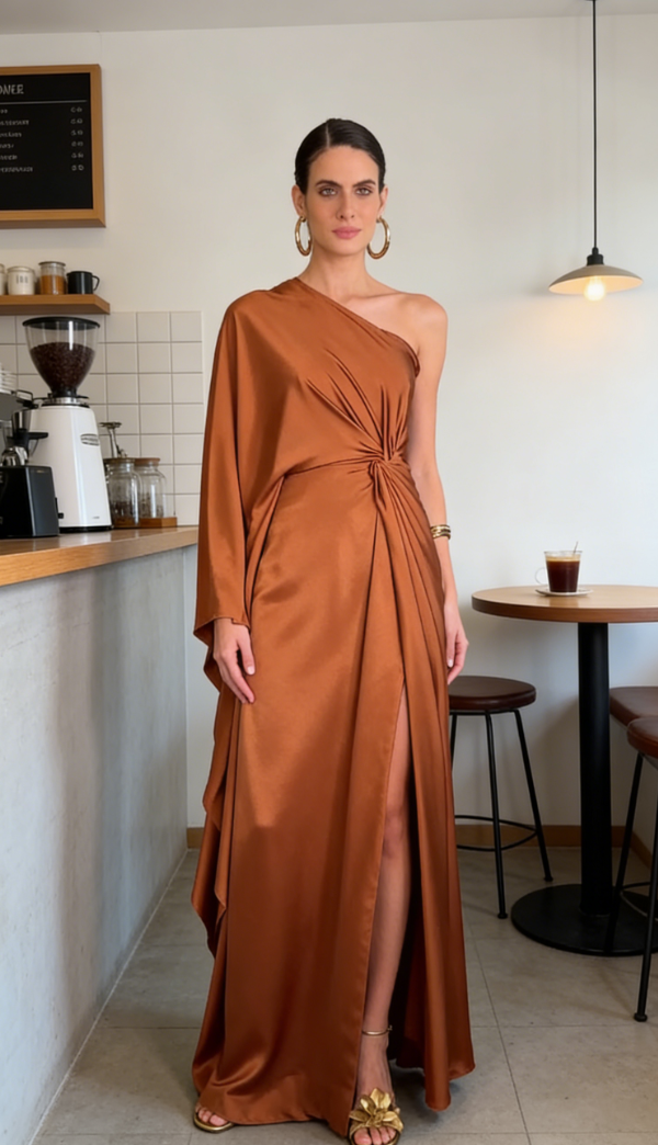 Terracotta-colored one-shoulder pleated maxi dress