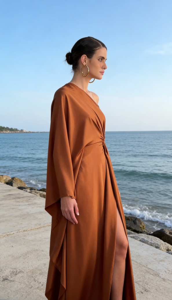 Terracotta-colored one-shoulder pleated maxi dress