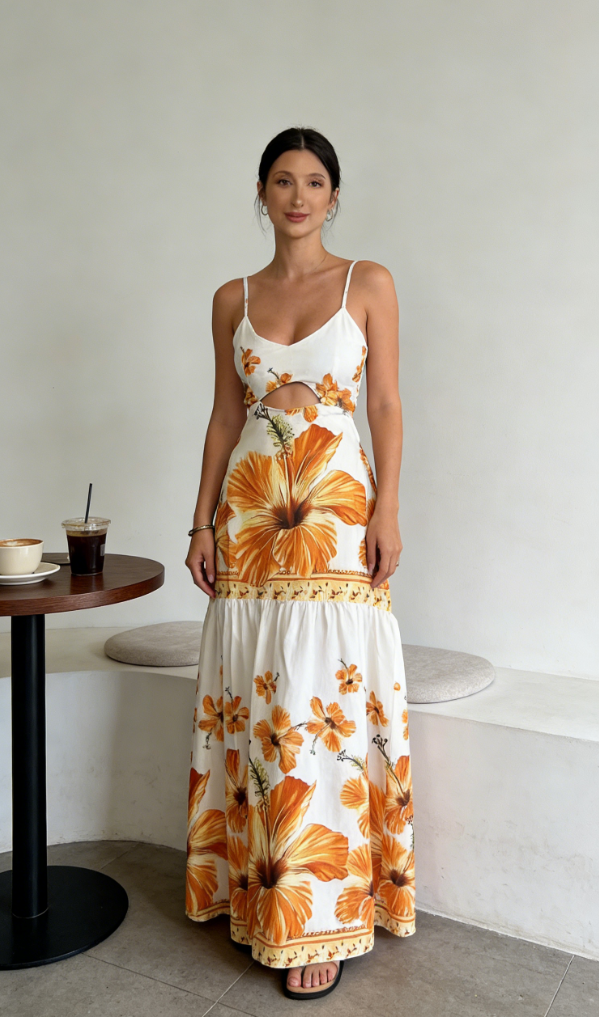 White and orange hibiscus flower cutout long dress