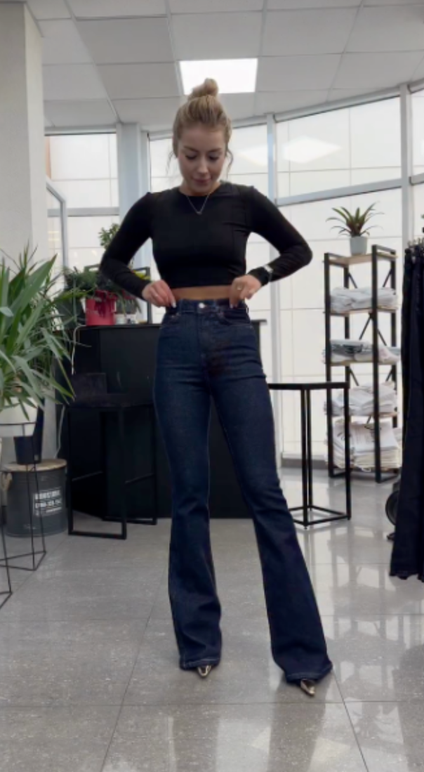 Dark washed high-waisted flared jeans