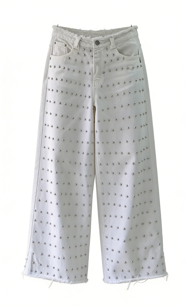White studded wide-leg jeans