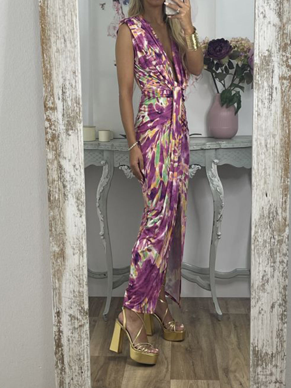 Tie-Dye Deep V Ruched Knotted Maxi Dress-CALLISTARI