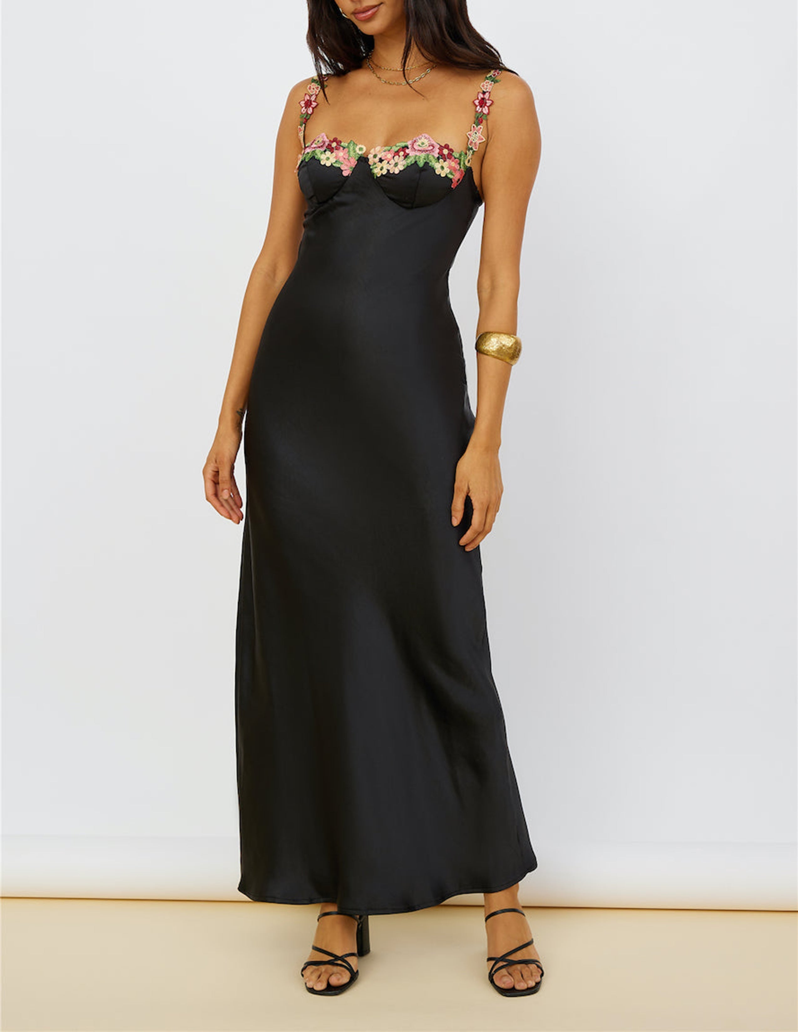 Magnetic Forces Flower Embroidery Maxi Dress Black-CALLISTARI