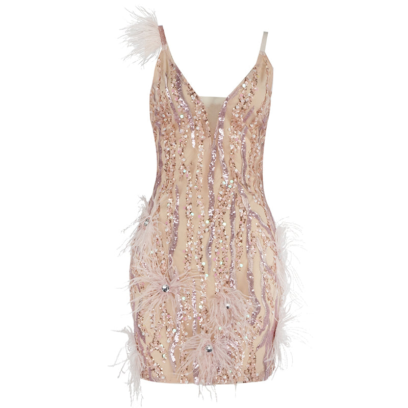 Tasha Pink Feather Sequins Mini Dress-CALLISTARI