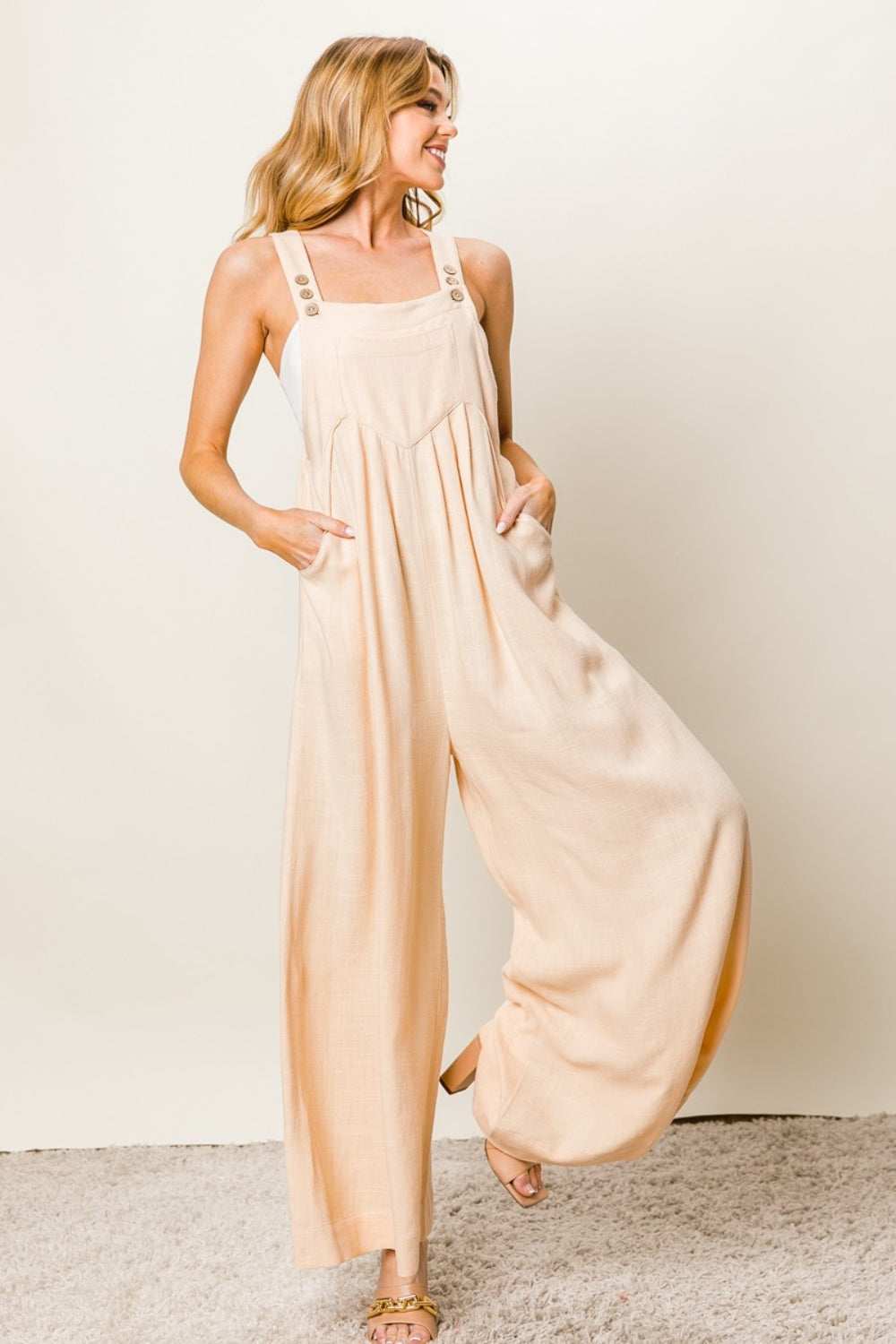 BiBi Texture Sleeveless Wide Leg Jumpsuit-aritzao