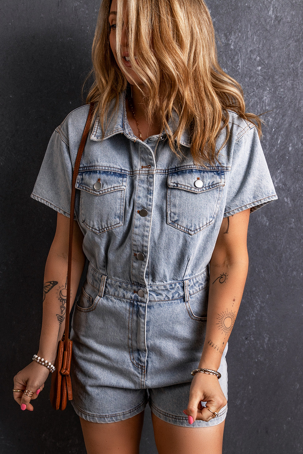 Collared Neck Short Sleeve Denim Romper-aritzao