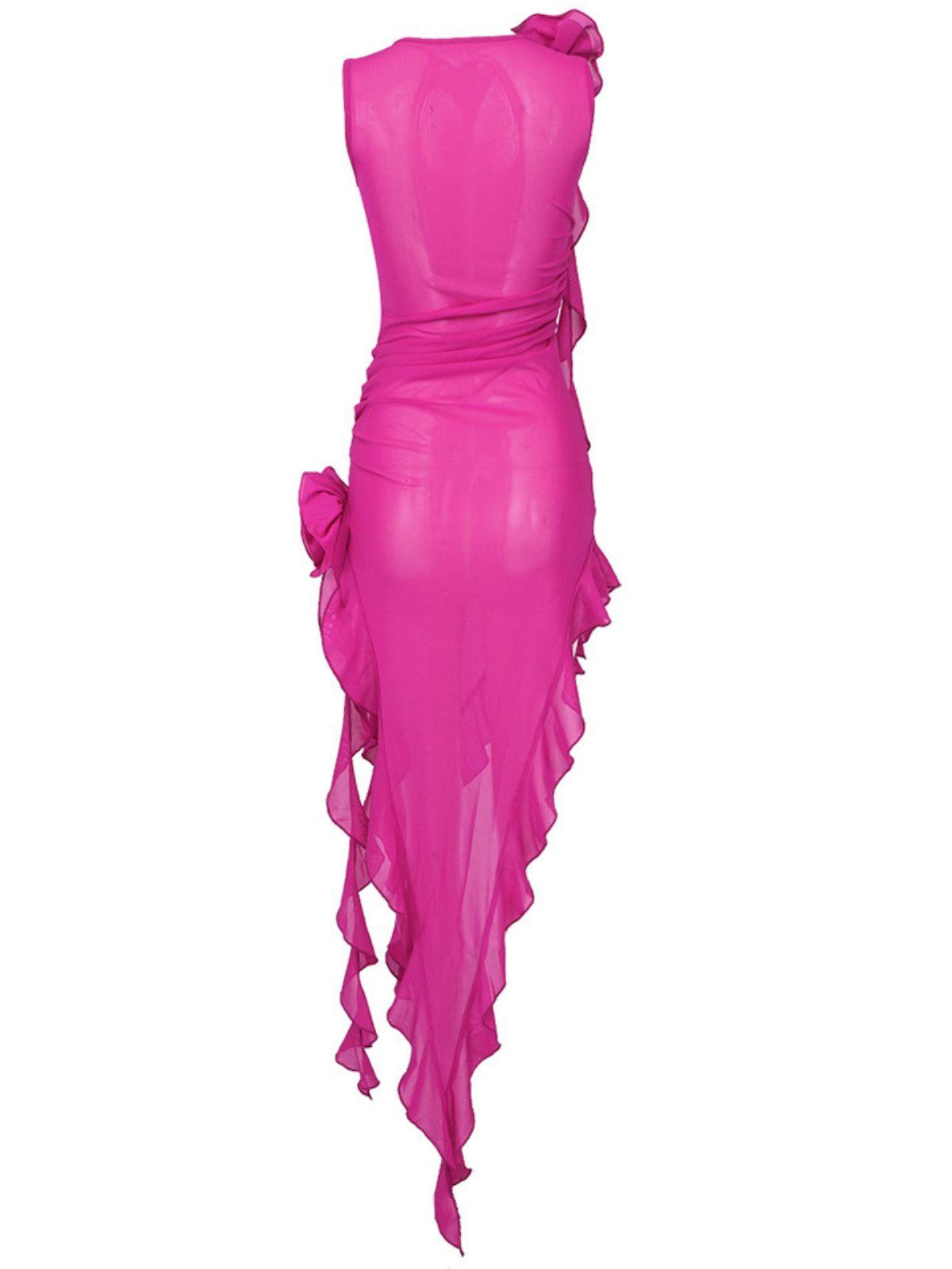Norine Mesh Flower Midi Dress In Hot Pink - Mew Mews