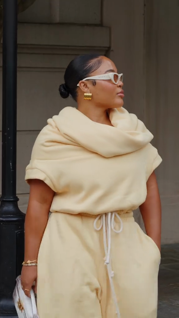 Cream - Colored Cowl - Neck Top and Drawstring Pants Set