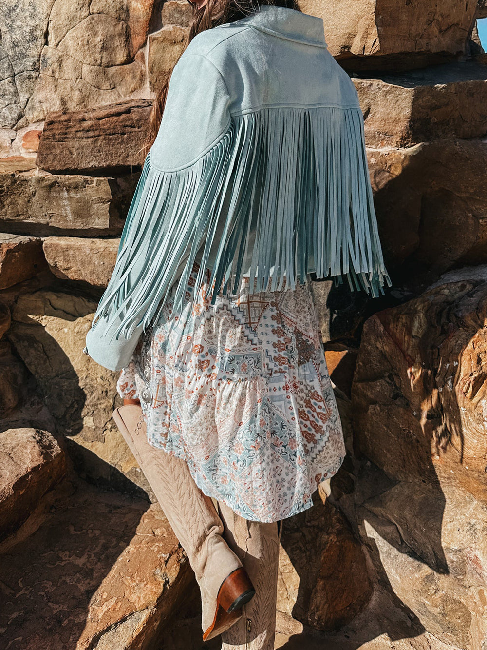 Baby Blue Fringe Leather Jacket-CALLISTARI