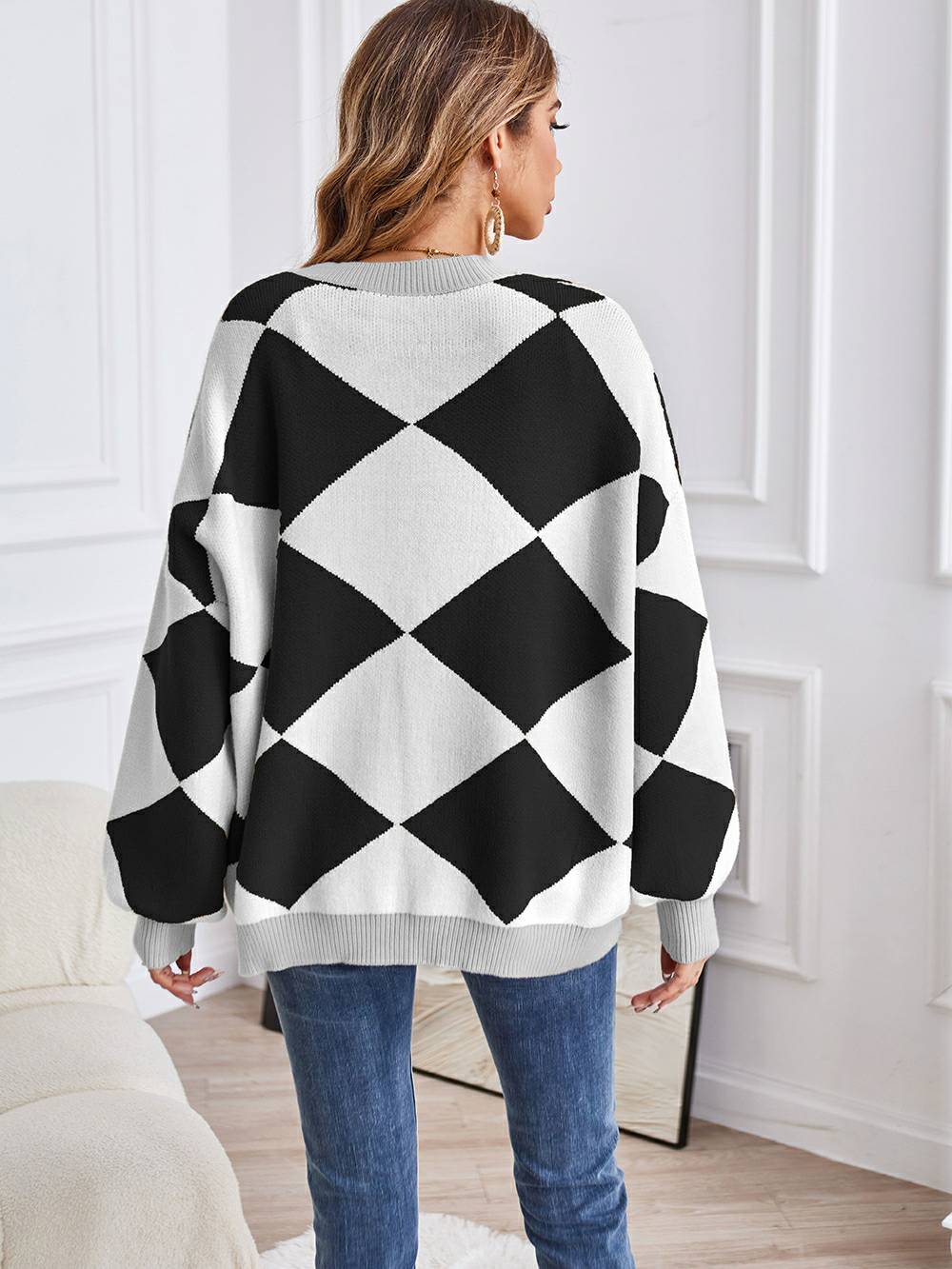 V-Neck Geometric Color Block Knit Cardigan-CALLISTARI