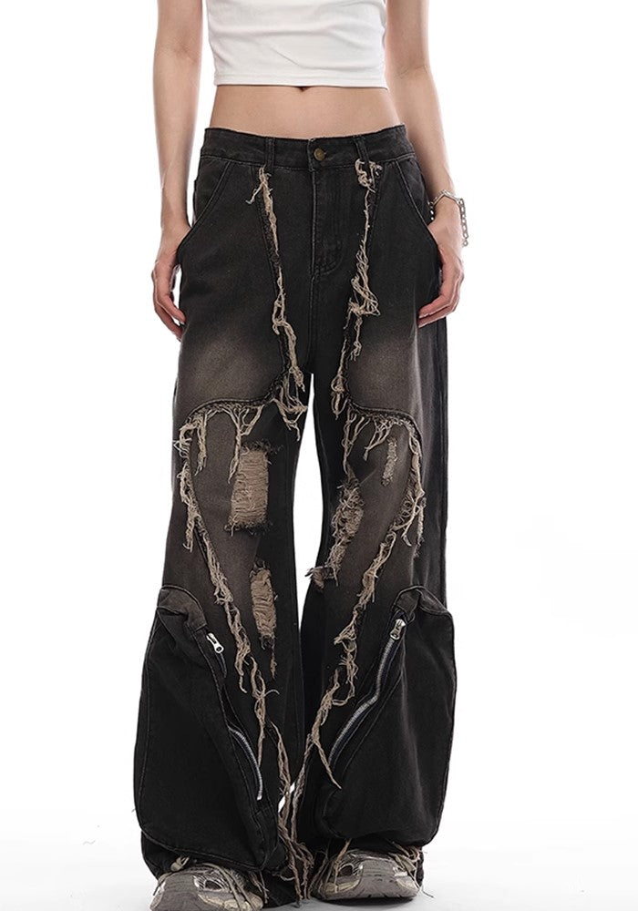 【VINMUK】Line damage full design dull black denim wide pants  VM0001-CALLISTARI