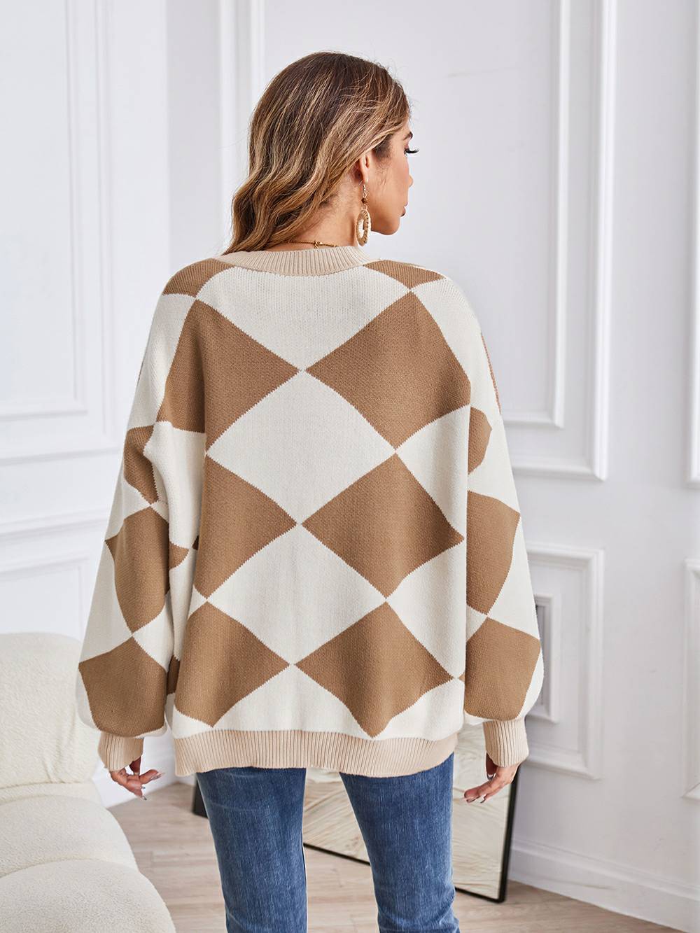 V-Neck Geometric Color Block Knit Cardigan-CALLISTARI