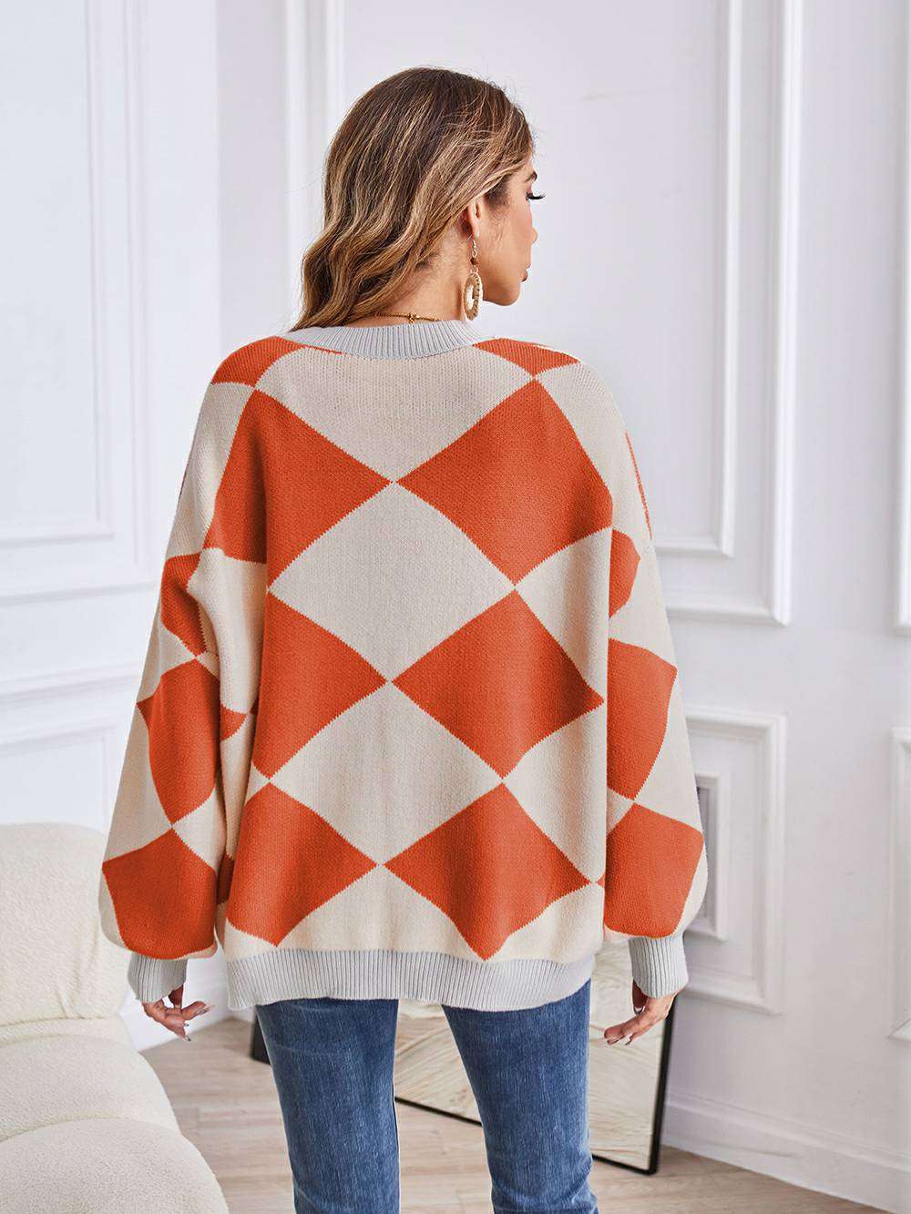 V-Neck Geometric Color Block Knit Cardigan-CALLISTARI