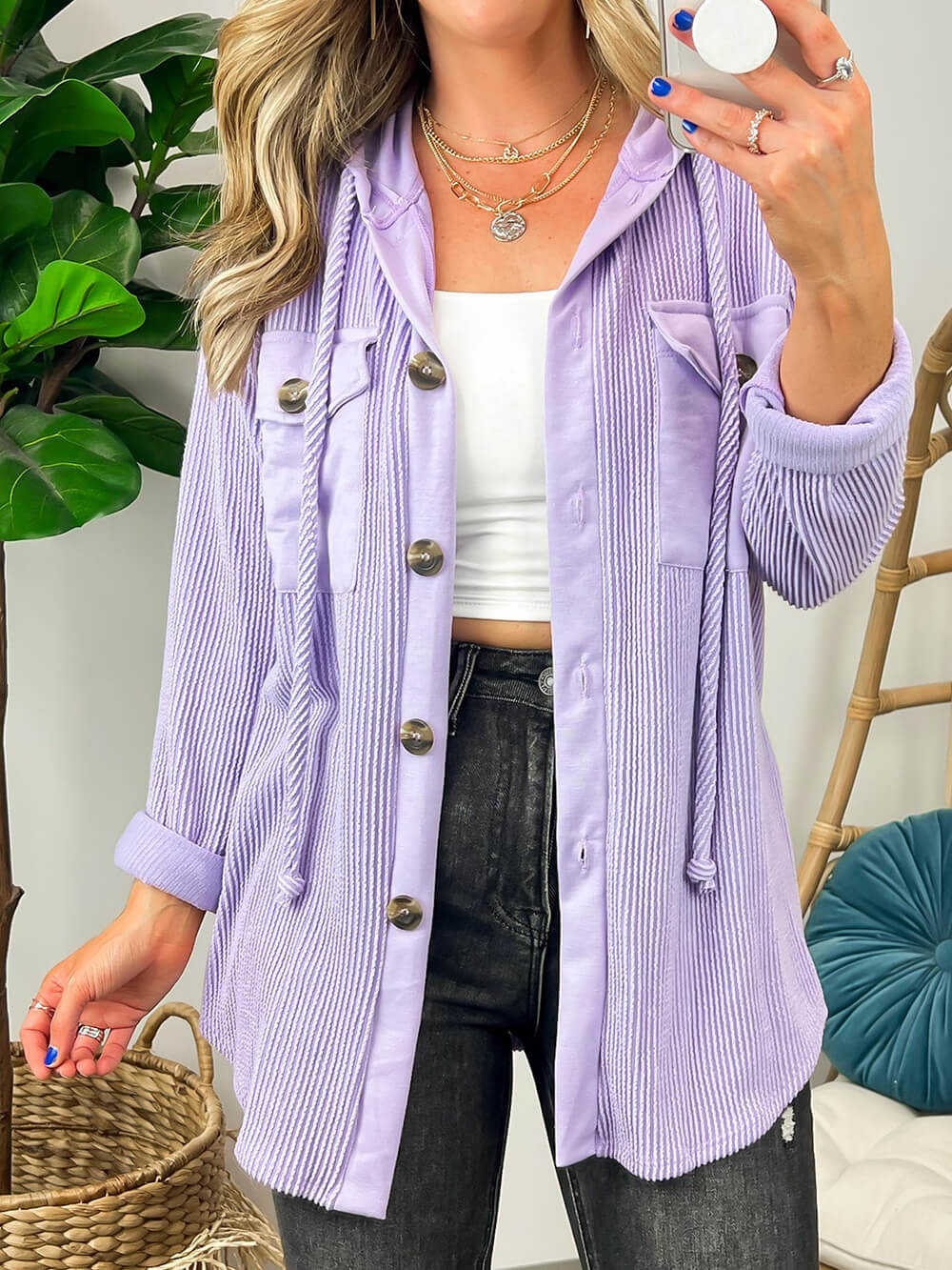 Saturday Satisfaction Ribbed Hooded Shacket-CALLISTARI