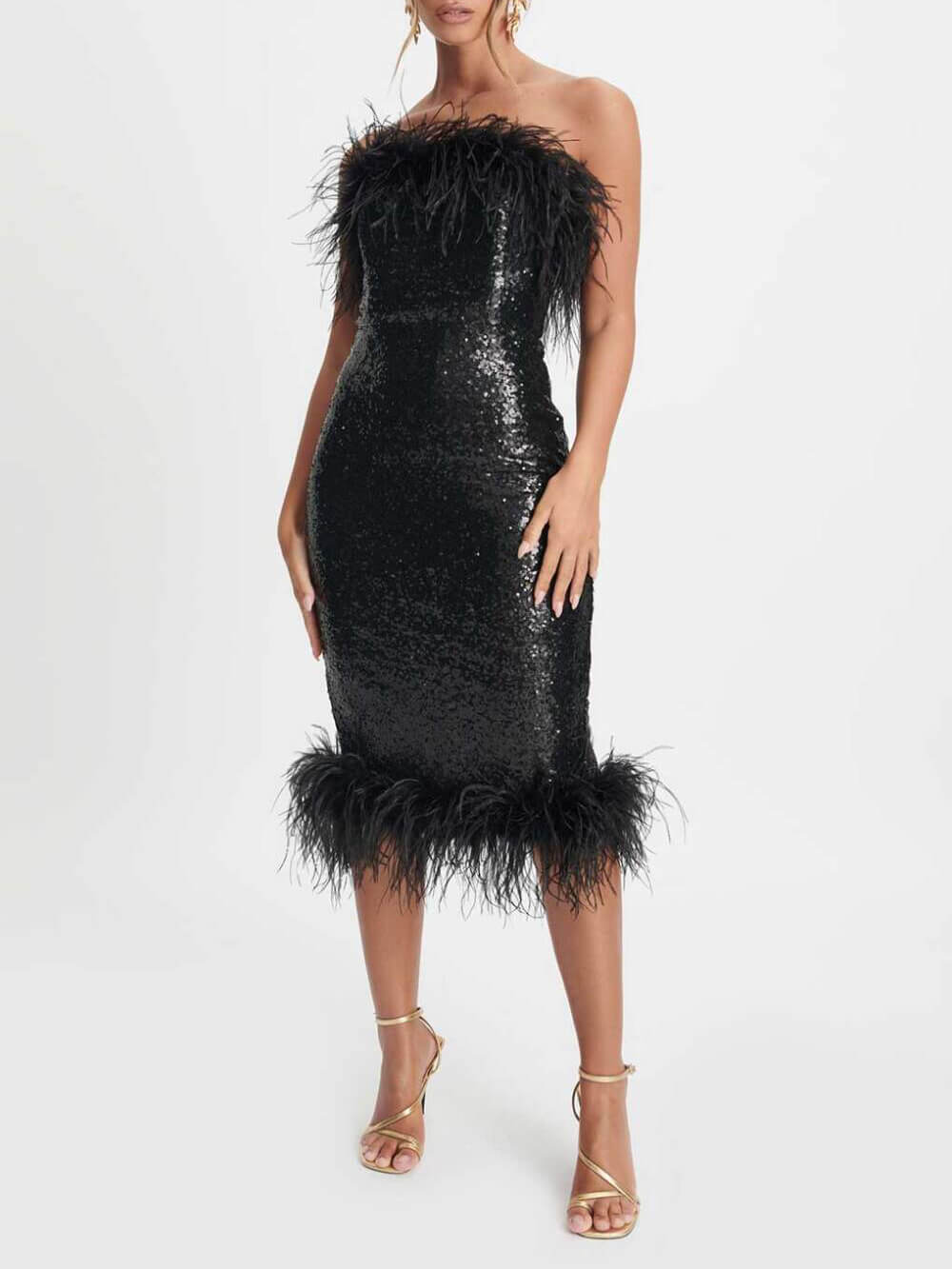 Black Sophia Bandeau Sequin Midi Dress With Feather Trim-CALLISTARI