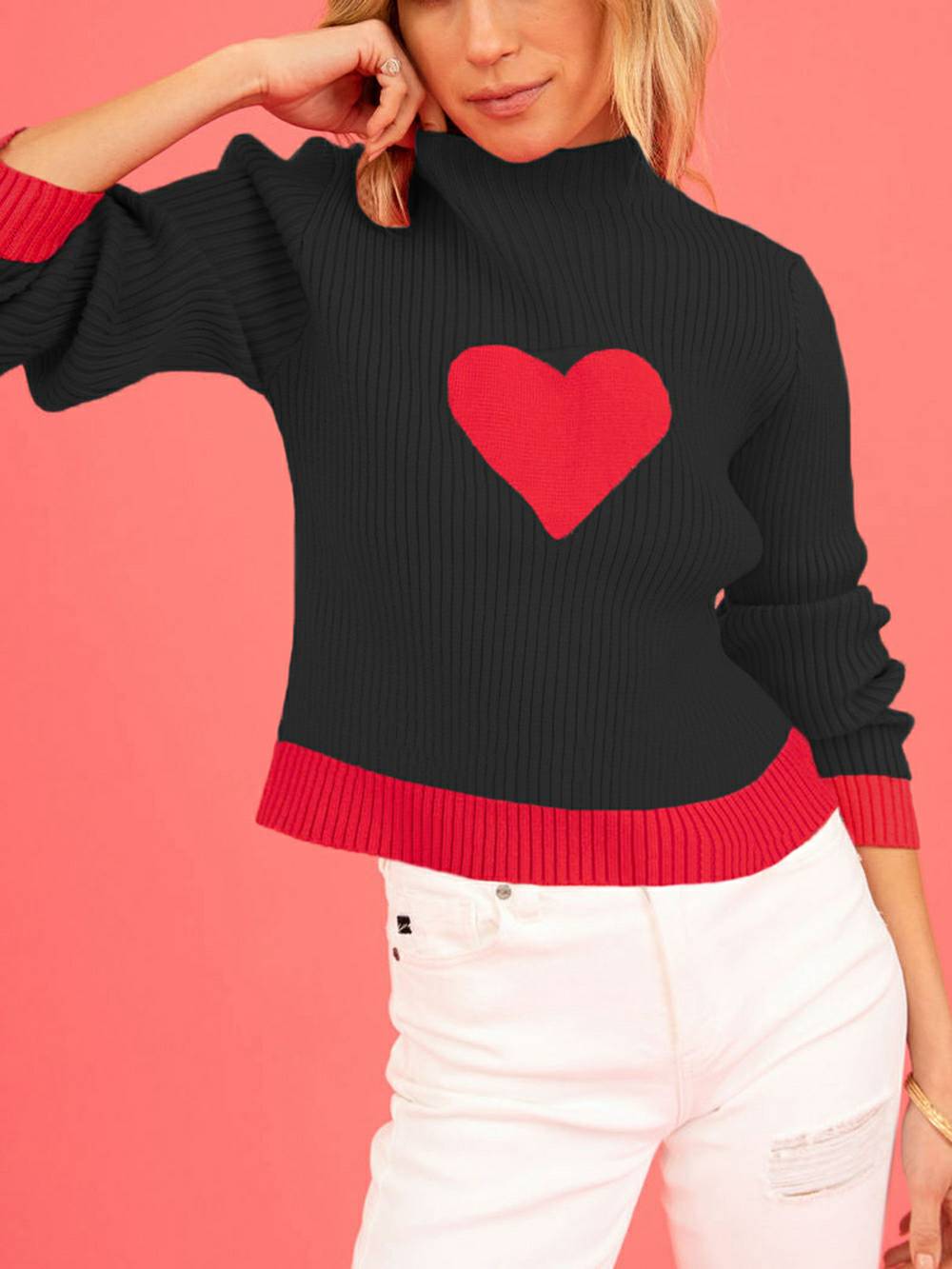 Valentine's Day Heart Pattern Turtleneck Knit Sweater-CALLISTARI