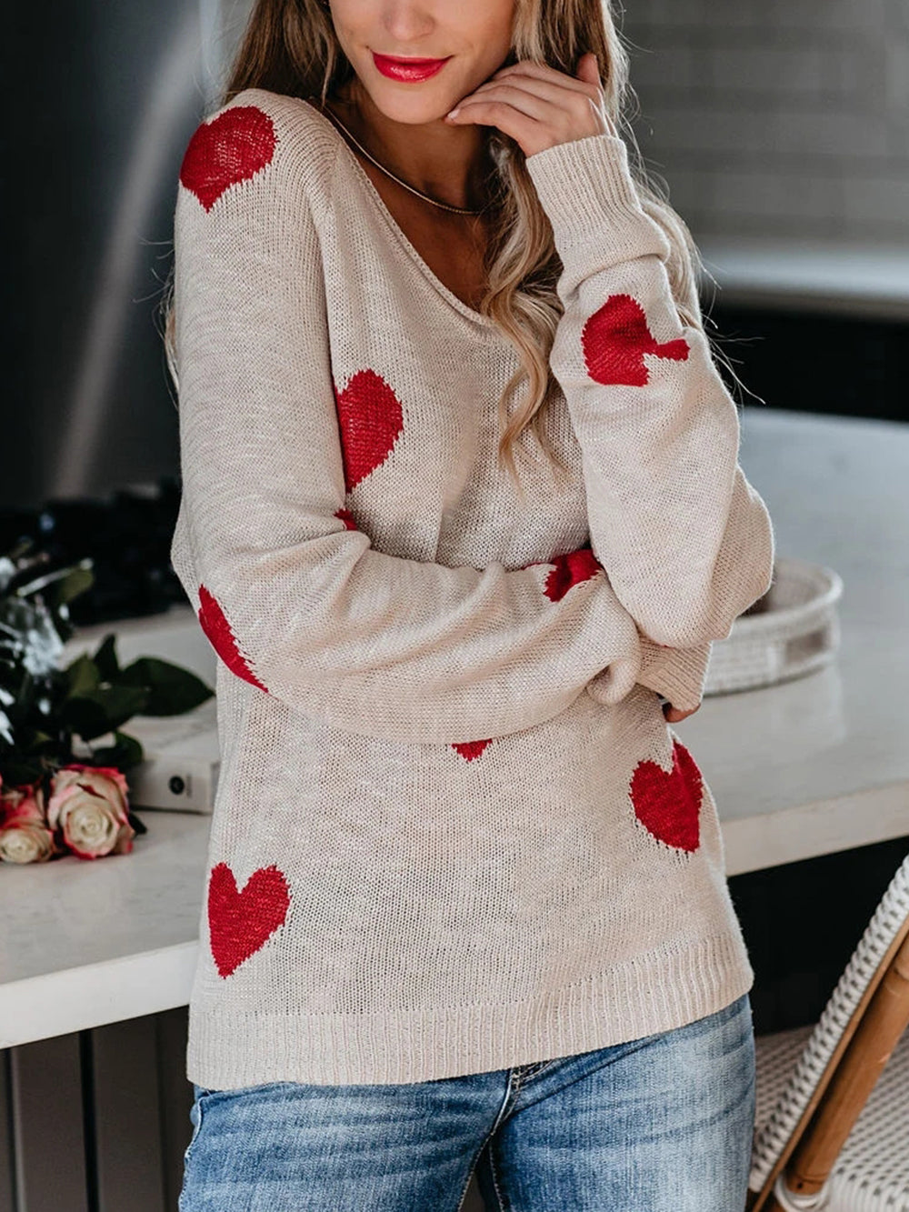 Valentine's Day V-Neck Knit Sweater-CALLISTARI