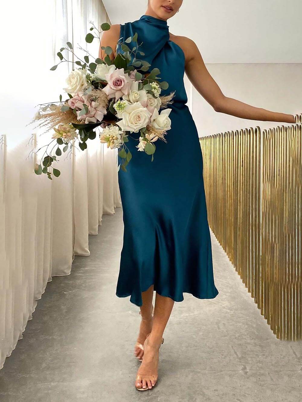 Unique Bridesmaid Sleeveless High Neck Maxi Dresses-CALLISTARI