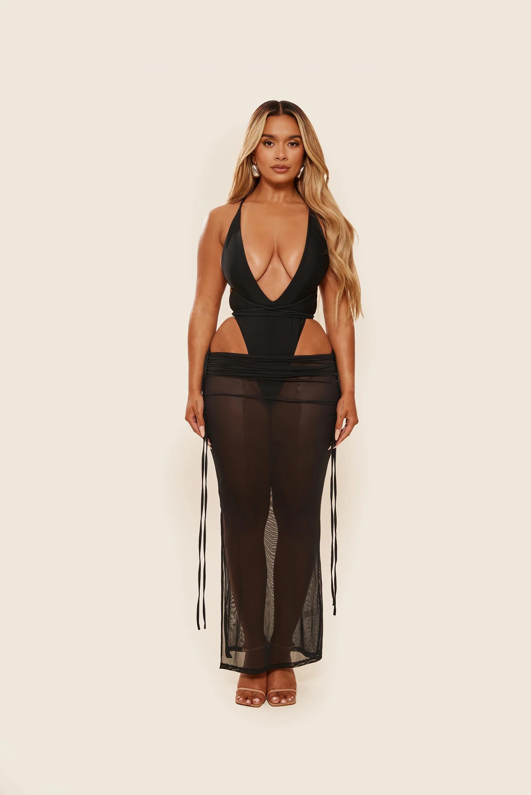 Black Sheer Maxi Skirt Set-aritzao