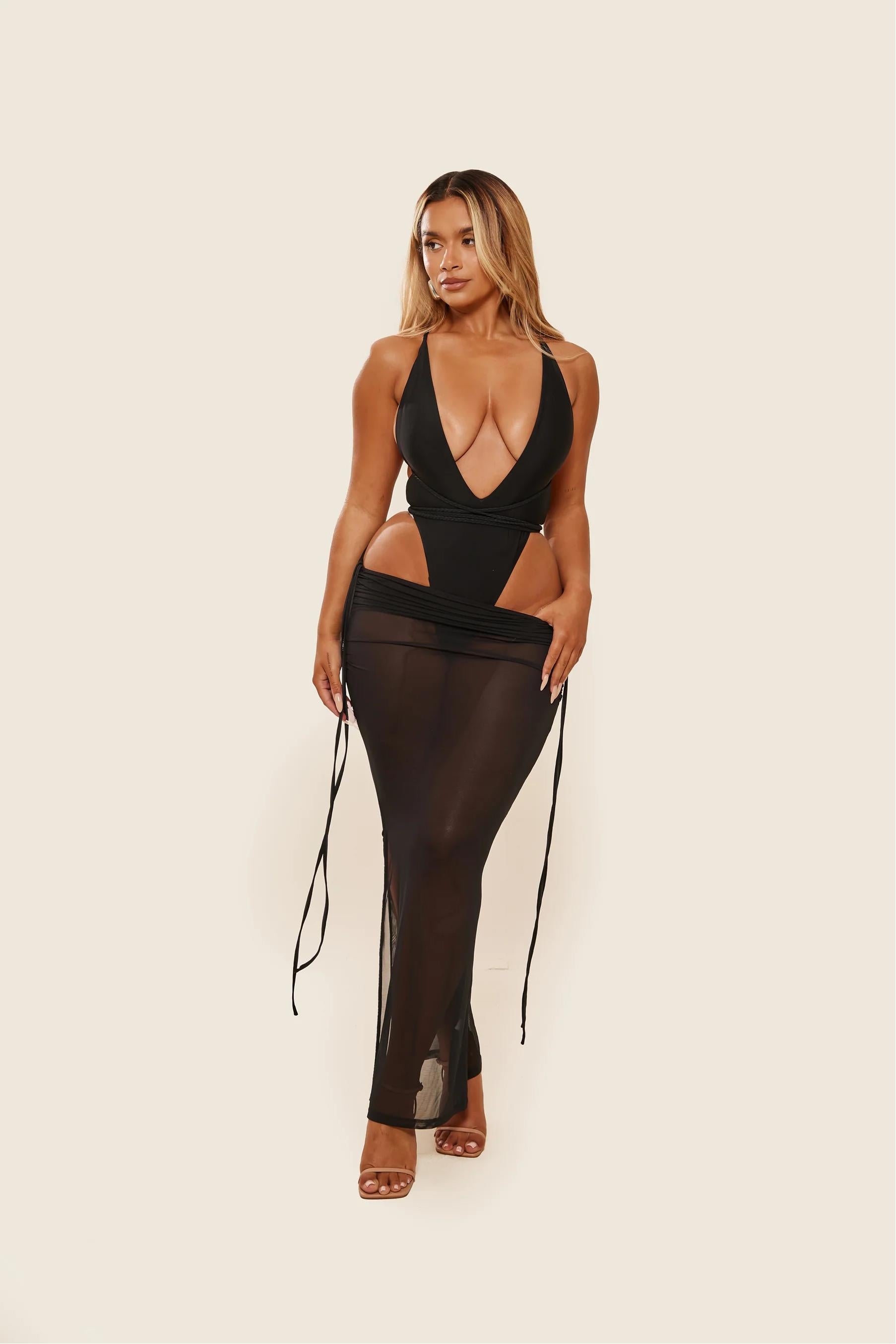 Black Sheer Maxi Skirt Set-aritzao