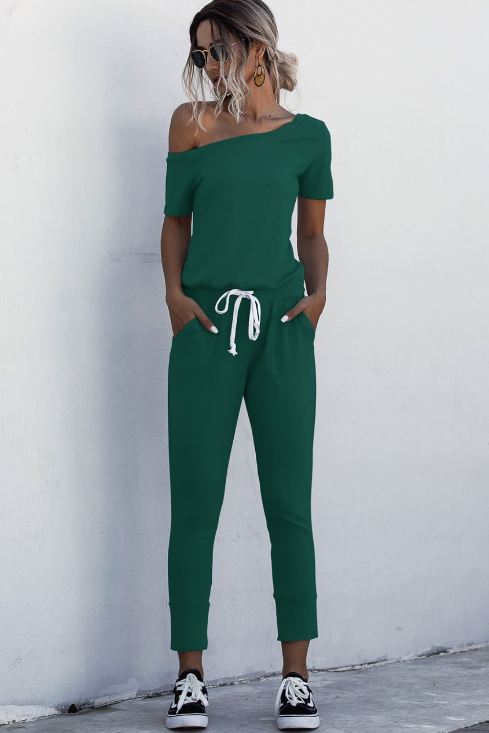 Asymmetrical Neck Tied Jumpsuit with Pockets-aritzao