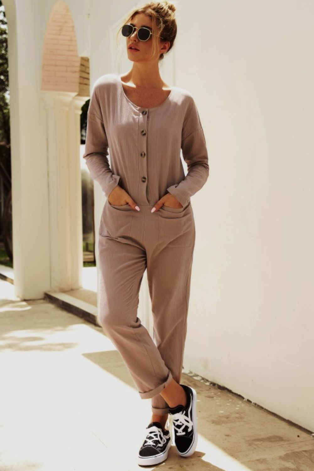 Buttoned Drop Shoulder Pocket Jumpsuit-aritzao