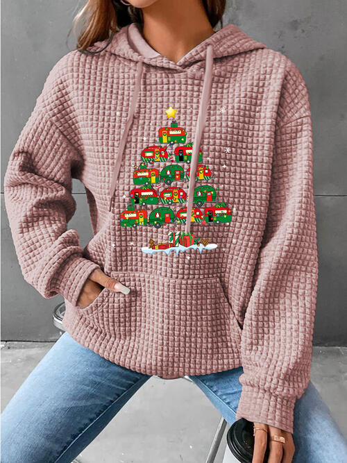 Christmas Tree Knit Drawstring Hoodie with Pocket-CALLISTARI