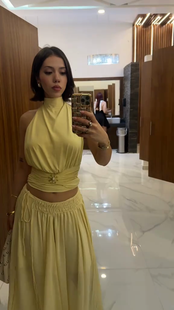 Lemon Yellow Halter Crop Top & Maxi Skirt Set-aritzao