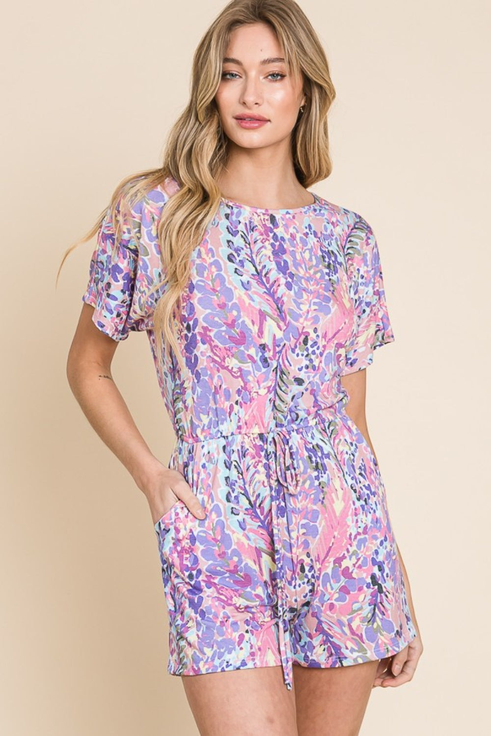 BOMBOM Print Short Sleeve Romper with Pockets-aritzao