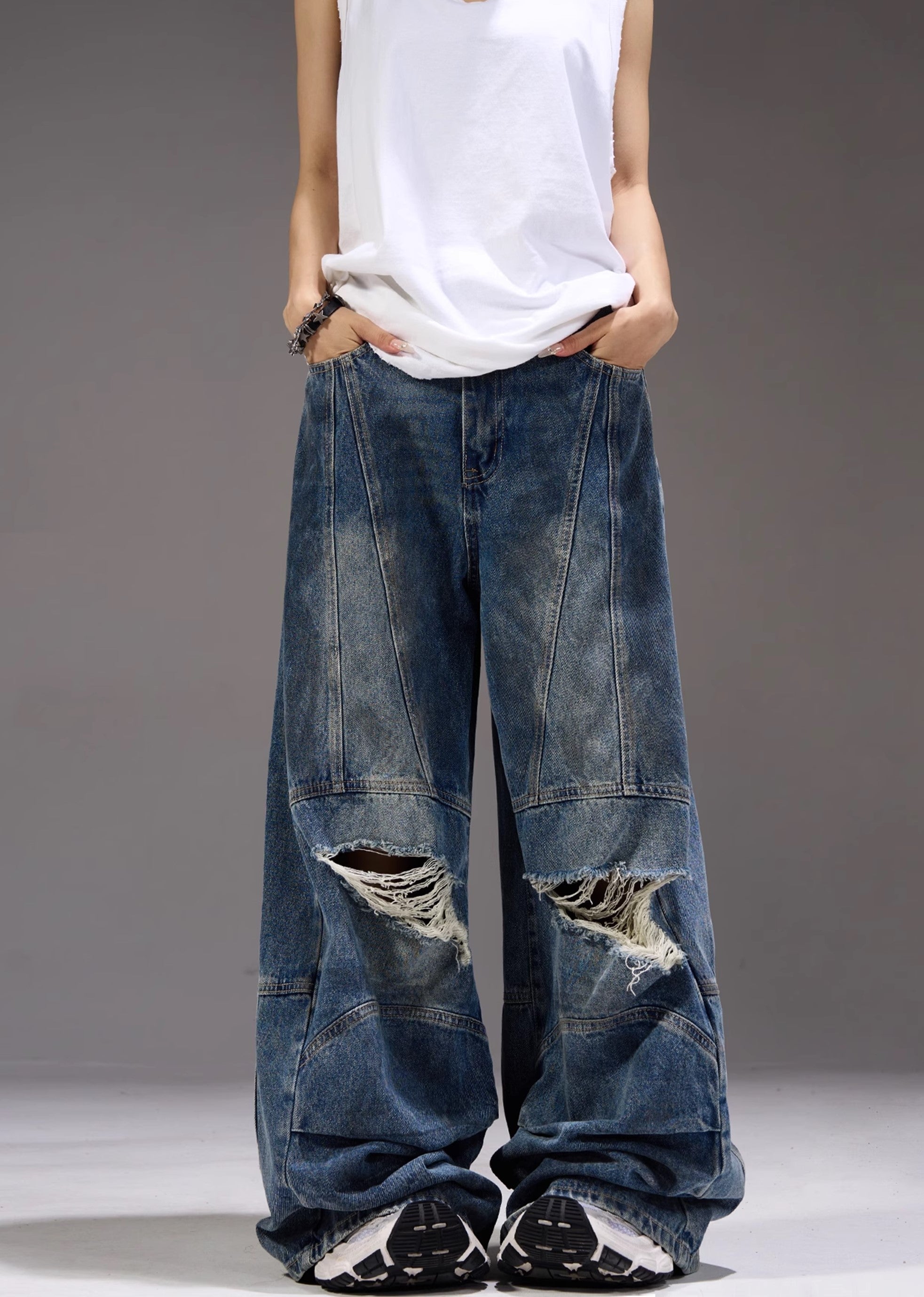 【MAXDSTR】Dull knee damage processing mid-light wide straight denim pants  MD0155-CALLISTARI