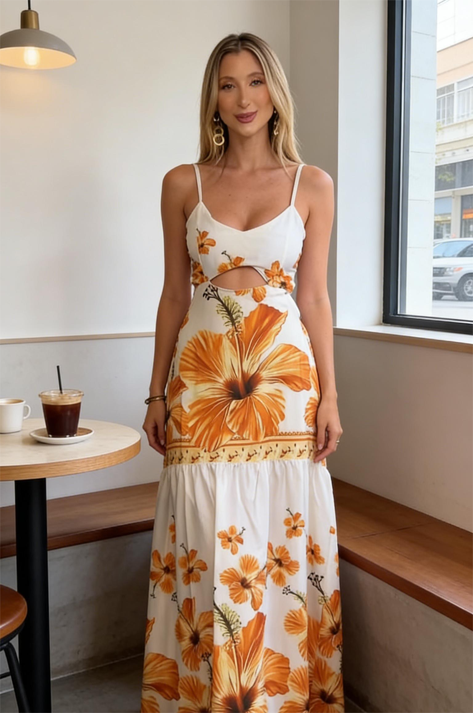 White and orange hibiscus flower cutout long dress
