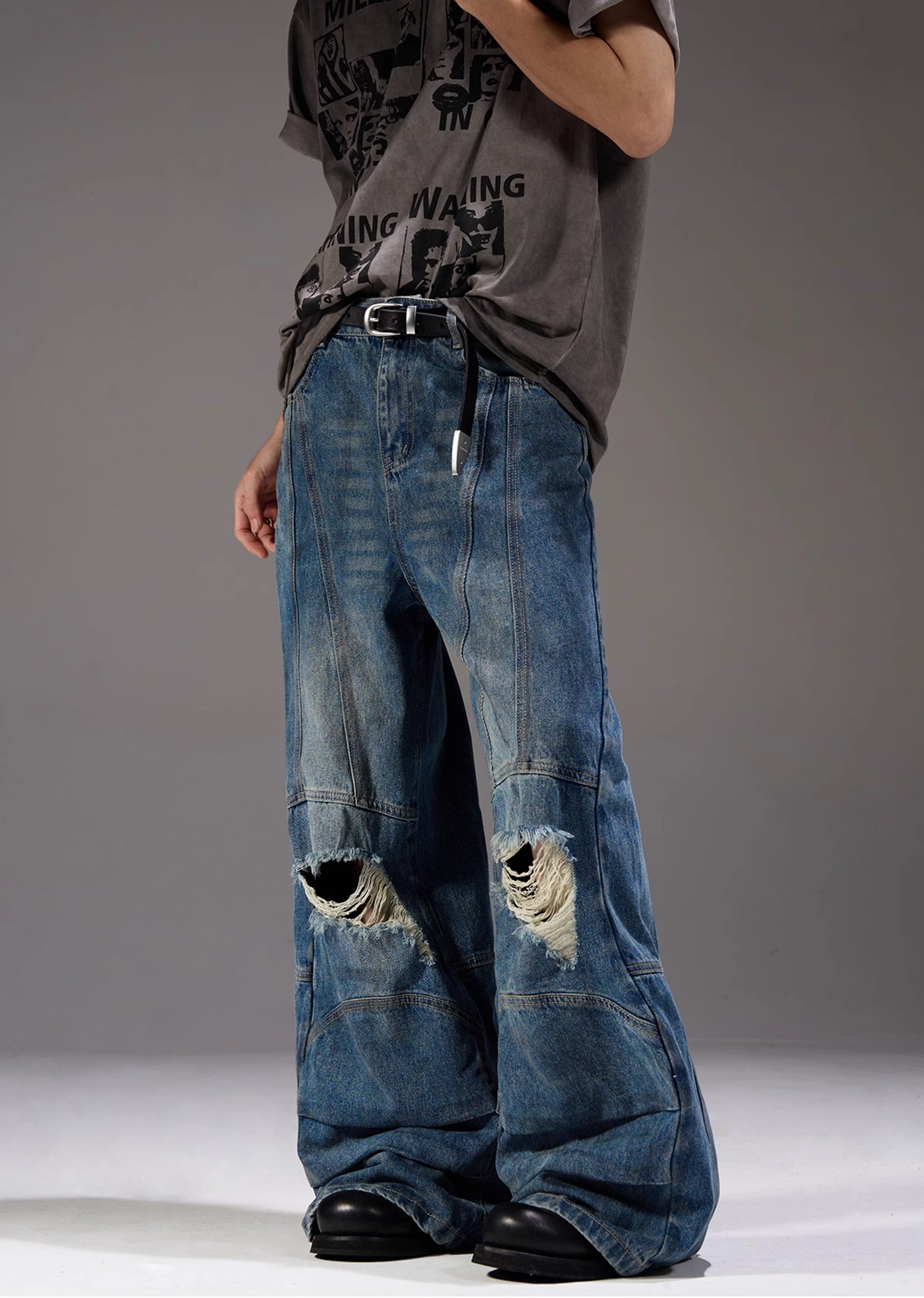 【MAXDSTR】Mid-length distressed dull blue wide denim pants  MD0160-CALLISTARI
