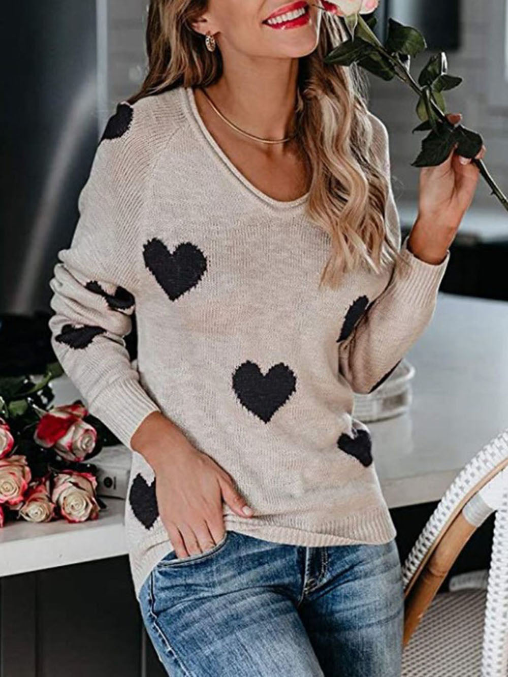 Valentine's Day V-Neck Knit Sweater-CALLISTARI