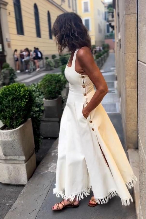 Boho Fringed White Maxi Dress with Pockets-aritzao