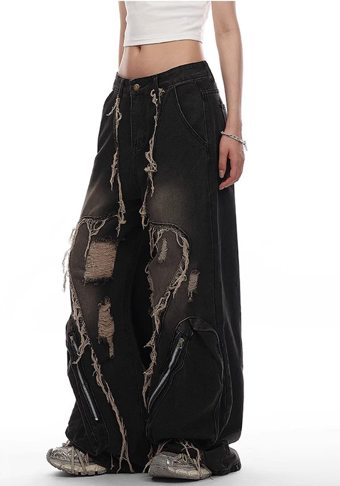 【VINMUK】Line damage full design dull black denim wide pants  VM0001-CALLISTARI