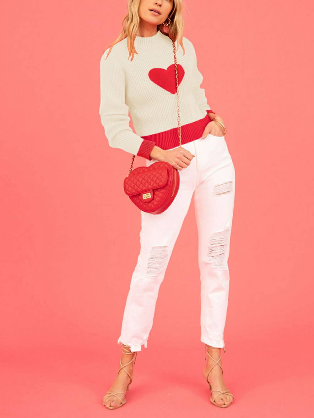 Valentine's Day Heart Pattern Turtleneck Knit Sweater-CALLISTARI