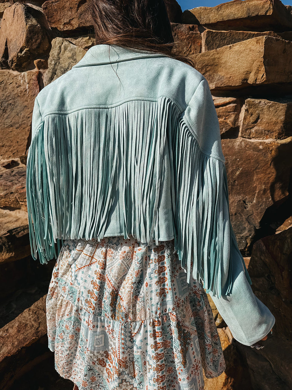 Baby Blue Fringe Leather Jacket-CALLISTARI