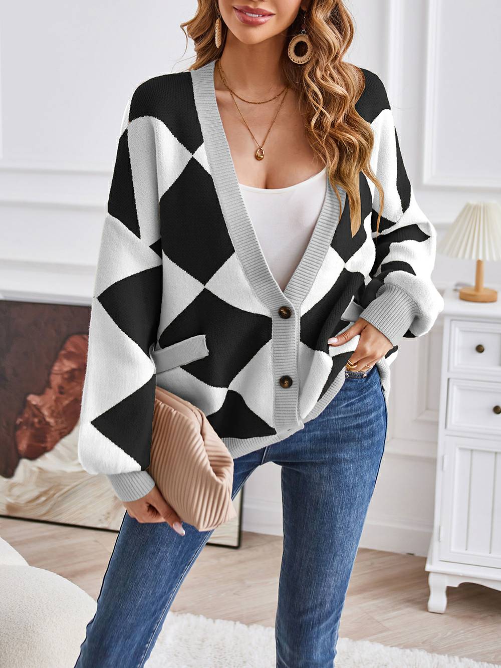 V-Neck Geometric Color Block Knit Cardigan-CALLISTARI