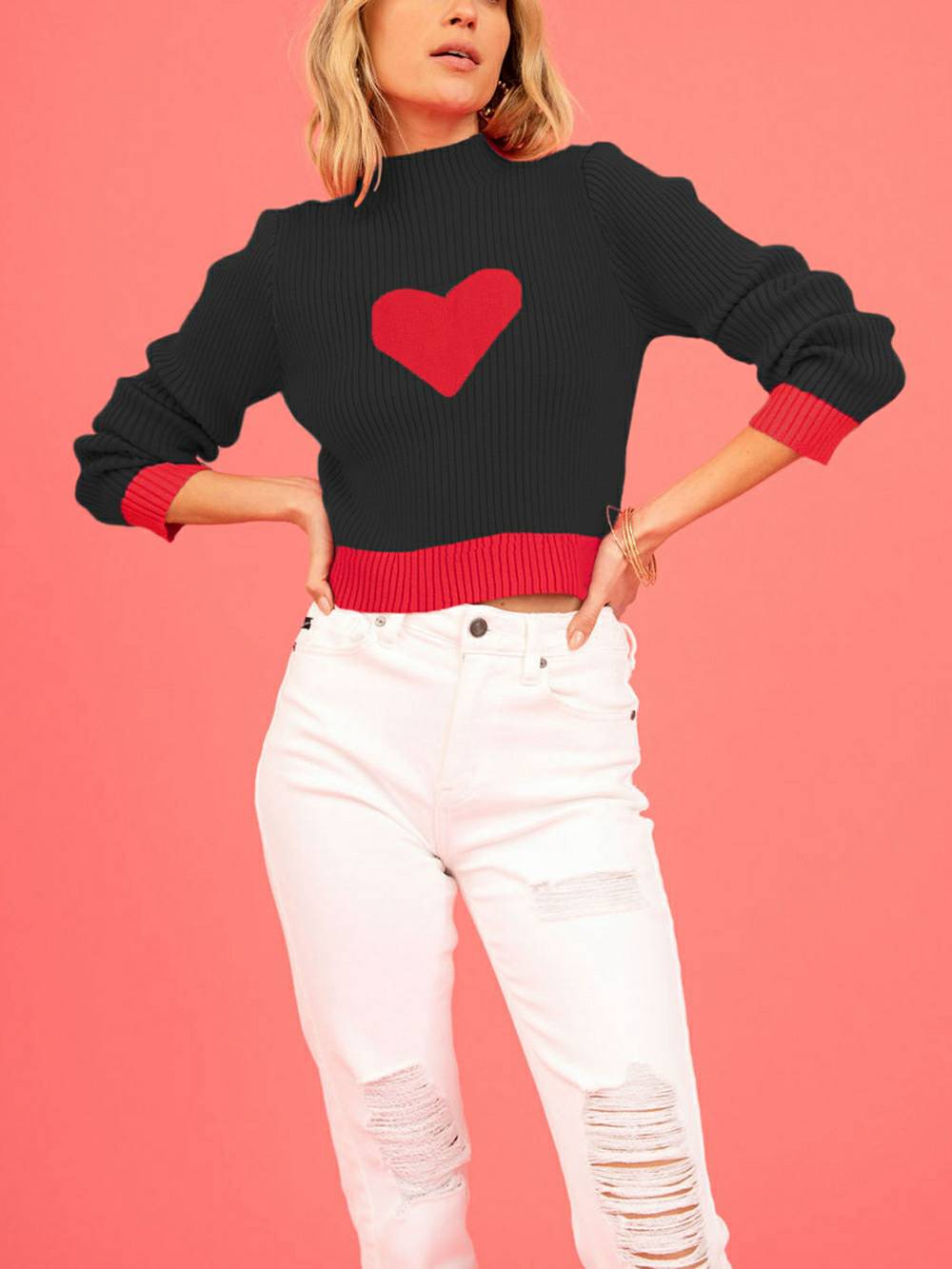 Valentine's Day Heart Pattern Turtleneck Knit Sweater-CALLISTARI
