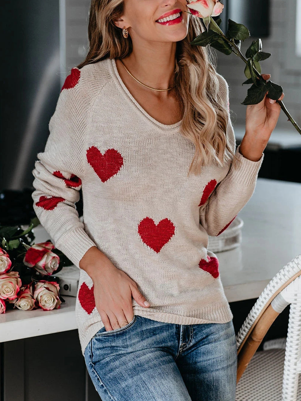 Valentine's Day V-Neck Knit Sweater-CALLISTARI