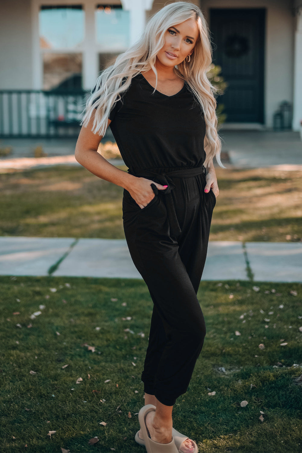 Belted V-Neck Jogger Jumpsuit-aritzao