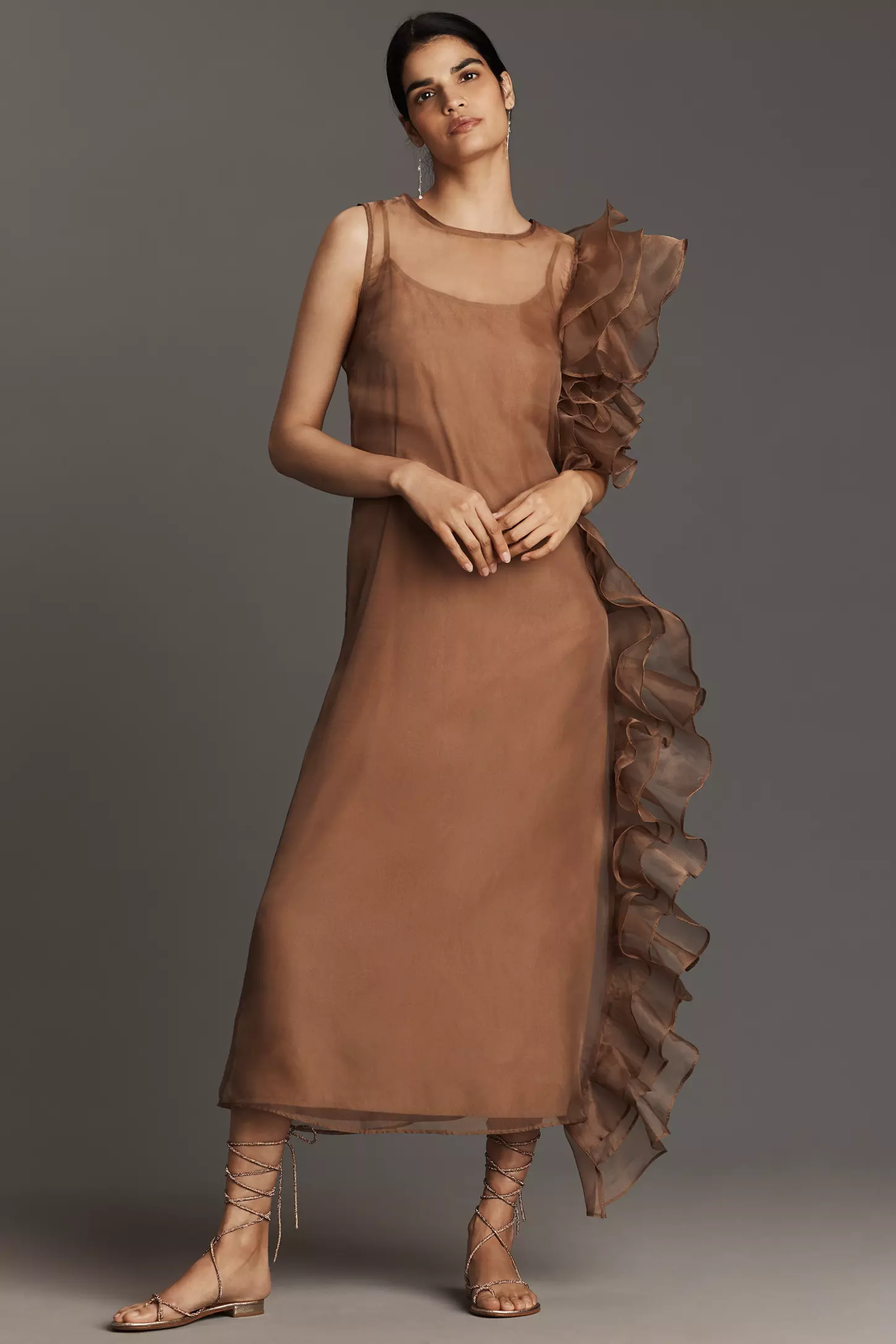 Sophisticated Asymmetric Ruffle Mesh Maxi Dress
