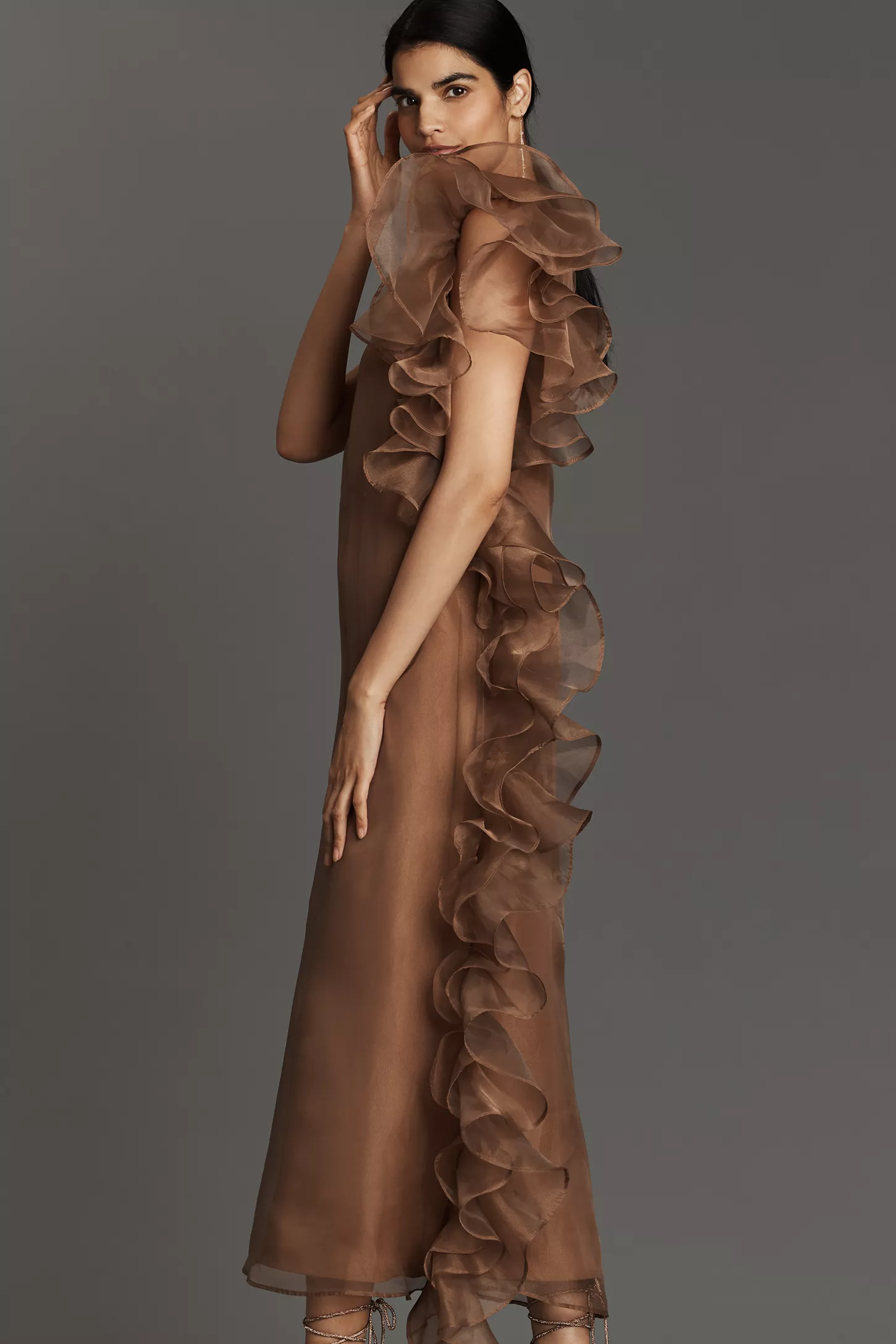 Sophisticated Asymmetric Ruffle Mesh Maxi Dress