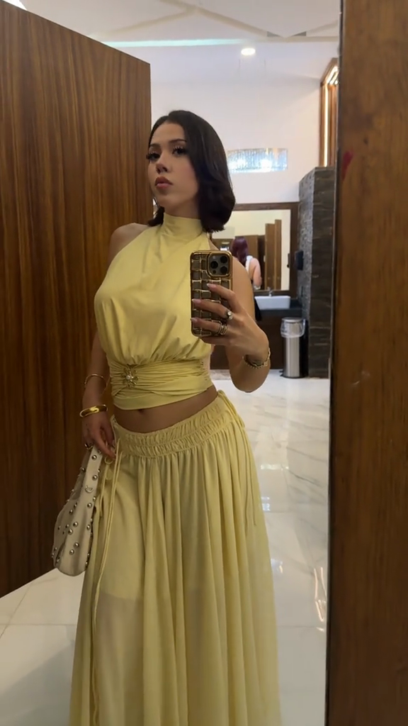 Lemon Yellow Halter Crop Top & Maxi Skirt Set-aritzao