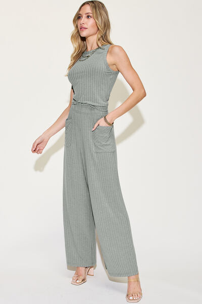 Basic Bae Full Size Ribbed Tank and Wide Leg Pants Set-aritzao