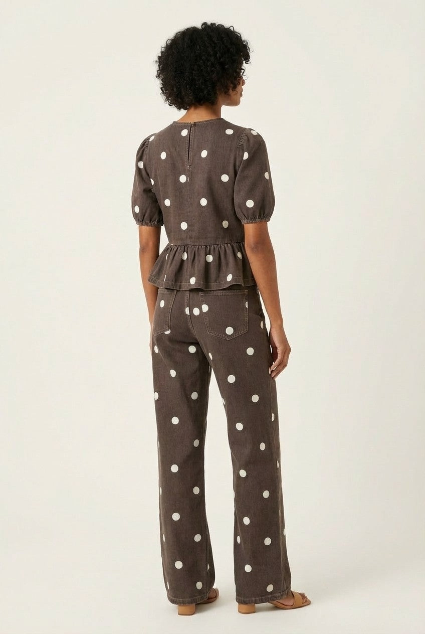 Women's Polka Dot Peplum Blouse and Wide Leg Pants Set